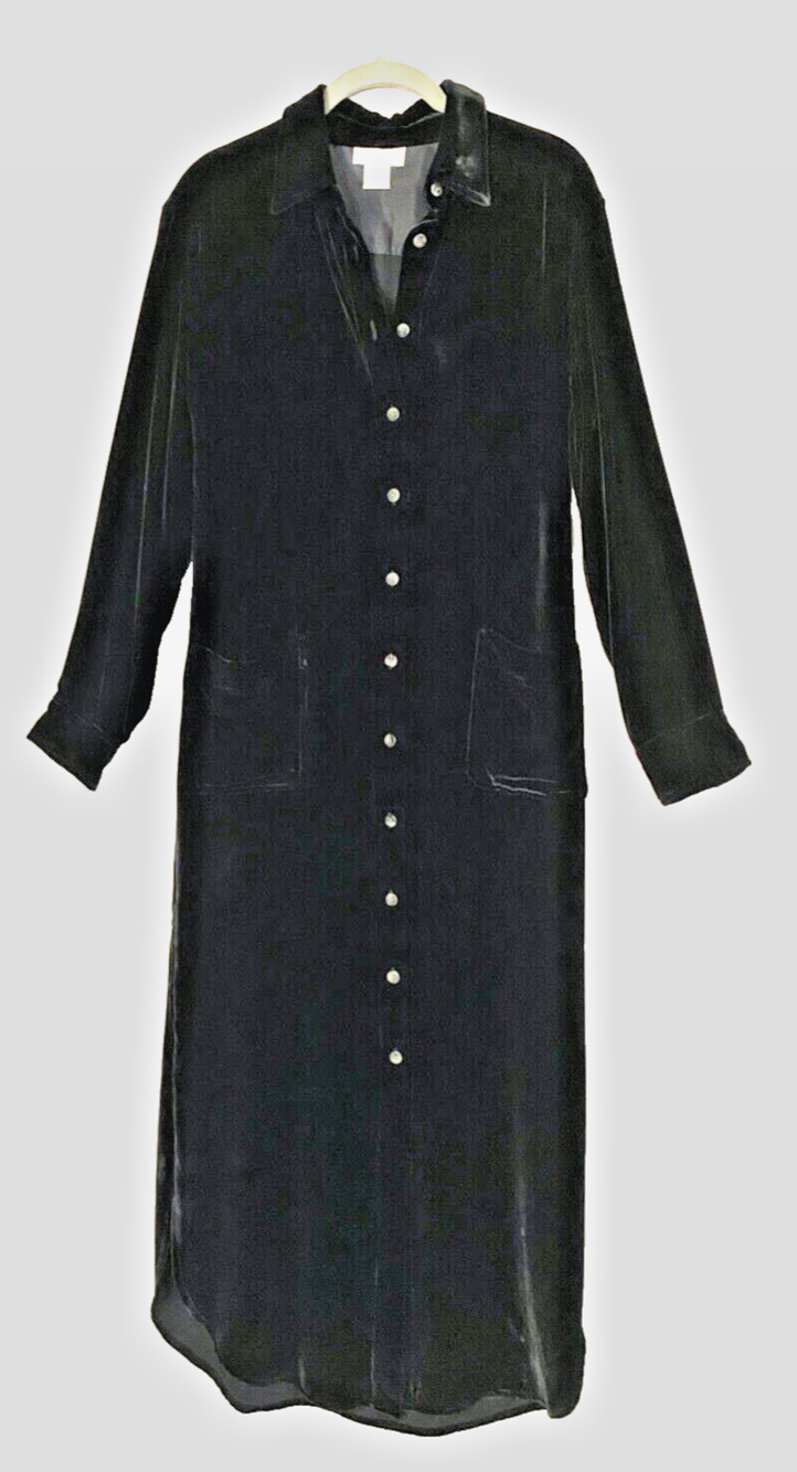 J JILL Long Black Velvet Coat / Duster / Dress Button Up L/S Silk Blend 8 SAMPLE